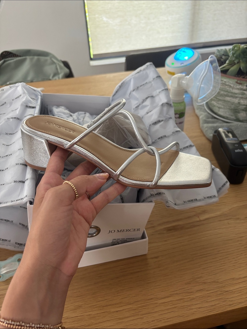 Jo Mercer Silver Metallic Strappy Low Block Heel Mule